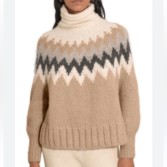 Eleven Six Magnea Zigzag Stripe Mock Neck Sweater in Camel/Ivory, Size XS/S - Picture 1 of 11